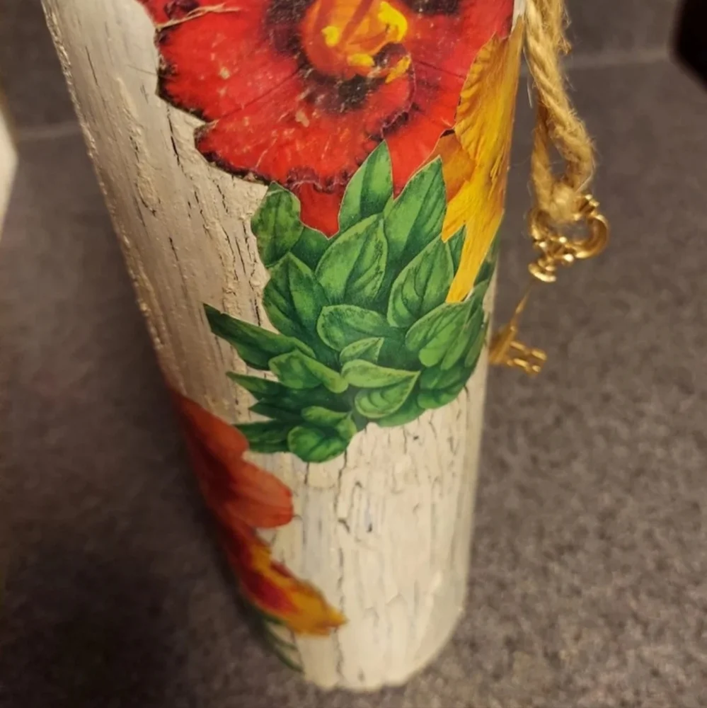 Hand Crafted Decoupage Wine Bottle Vase with Key Charm - Unique! EDC